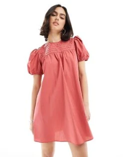 Miss Selfridge Baby Doll Puff Sleeve Smock Mini Dress In Rose For Women