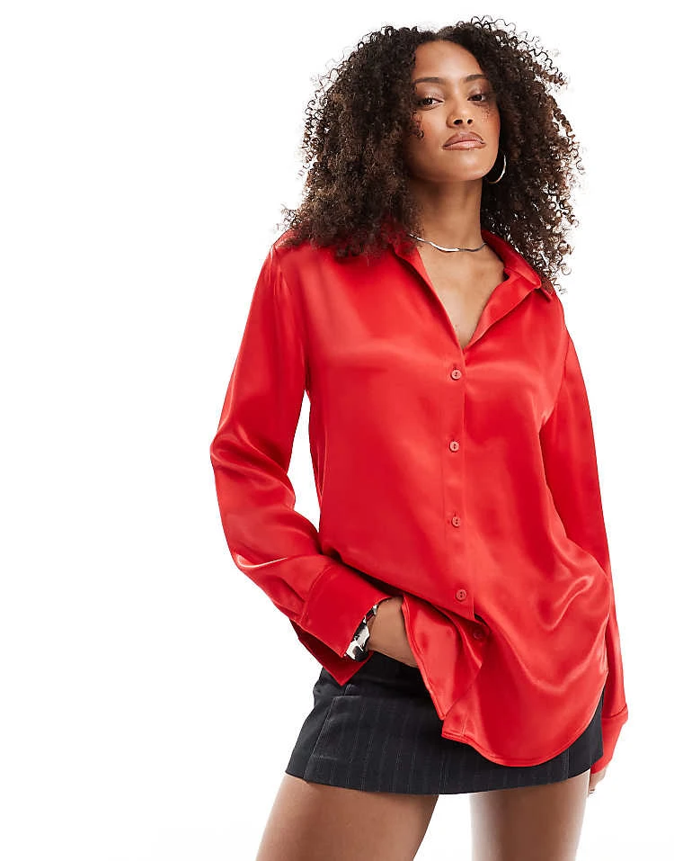 Miss Selfridge Oversized Button Down Satin Shirt In Red For Women