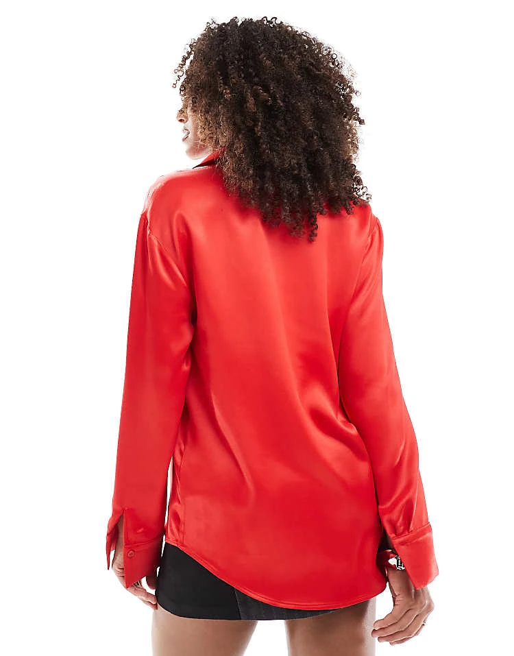 Miss Selfridge Oversized Button Down Satin Shirt In Red For Women - Image 4