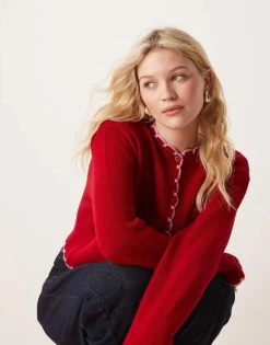 Miss Selfridge Blanket Stitch Knitted Cardigan In Red For Women