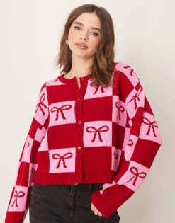 Miss Selfridge Bow Detail Cardigan In Red And Pink For Women