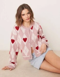 Miss Selfridge Heart Jacquard Knitted Cardigan In Pink And Red For Women Multicolour Jacquard