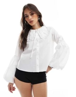 Miss Selfridge Wide Collar Lace Trim Poplin Oversized Shirt For Women White