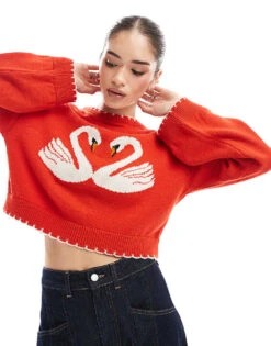 Miss Selfridge Blanket Stitch Swan Heart Jumper In Red For Women