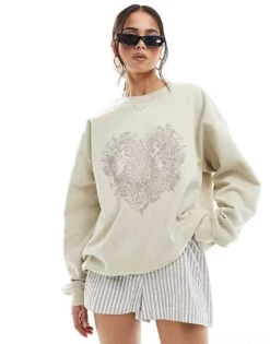 Miss Selfridge Angel Tapestry Oversized Jumper In Stone For Women