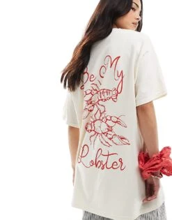 Miss Selfridge Be My Lobster Oversized Tee For Women Cream