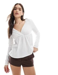 Miss Selfridge Rib Baby Doll Long Sleeve Top For Women Ivory