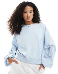 Miss Selfridge Balloon Sleeve Bow Sweatshirt In Dusty Blue For Women