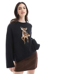 Miss Selfridge Knitted Baby Deer Jumper In Navy For Women
