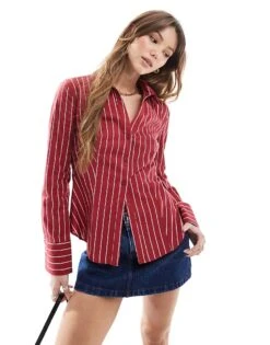 Miss Selfridge Wide Stripe Fitted Shirt In Cherry Red For Women