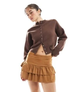 Miss Selfridge Western Suede Look Ruffle Detail Skort In Tan For Women
