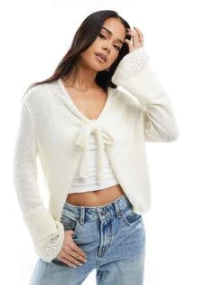 Miss Selfridge Tie Front Cardigan With Fluted Sleeve In Cream For Women