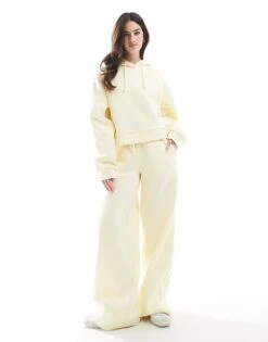 Miss Selfridge Heavy Fleece Lined Wide Leg Jogger 3 Piece Sweat Co Ord In Butter