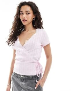 Miss Selfridge Pointelle Lace Trim Wrap Top For Women Pale Pink