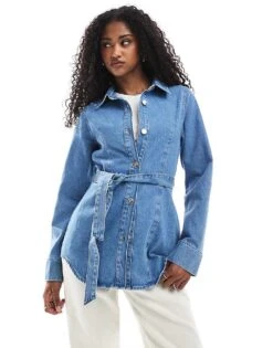 Miss Selfridge Cinched Waist Belted Denim Jacket In Mid Wash For Women Mid Blue