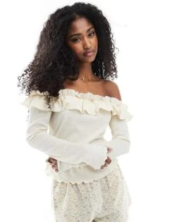 Miss Selfridge Ruffle Detail Bardot Top For Women Cream