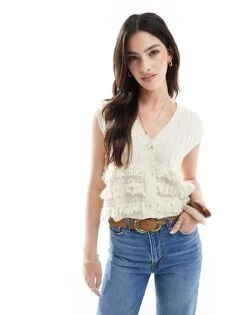 Miss Selfridge Fringe Boho Knitted Vest In Cream For Women