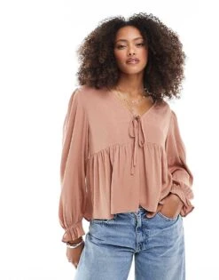 Miss Selfridge Tie Front Peplum Blouse In Mocha For Women