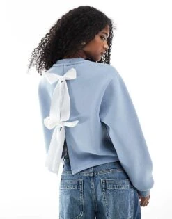 Miss Selfridge Contrast Bow Back Detail Sweatshirt In Blue For Women