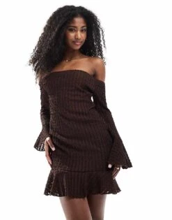 Miss Selfridge Bardot Ruffle Hem Mini Dress In Chocolate For Women