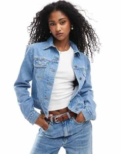 Miss Selfridge Denim Western Jacket With Puff Sleeve For Women Mid Wash