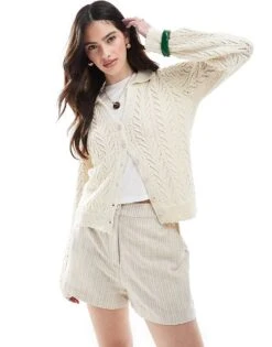 Miss Selfridge Contrast Scallop Hem Knitted Top In Cream For Women