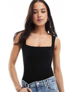 Miss Selfridge Square Neck Soft Touch Bodysuit In Black For Women