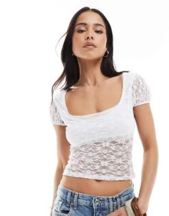 Miss Selfridge Lace Cap Sleeve Bow Detail Top In White For Women