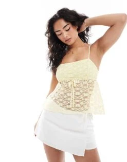 Miss Selfridge Lace Bow Detail Babydoll Cami In Yellow For Women