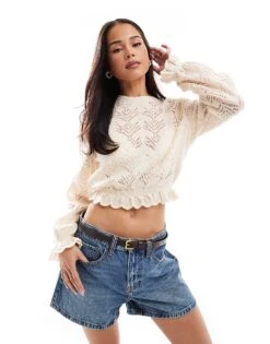 Miss Selfridge Knitted Frill Edge Jumper In Cream For Women
