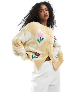 Miss Selfridge Jacquard Flower Cardigan In Buttermilk For Women