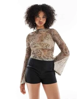 Miss Selfridge Extreme Flare Sleeve 70s Printed Mesh Long Sleeve Top For Women Multi