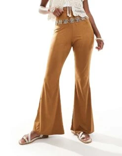 Miss Selfridge Cowgirl Suedette Flare Trousers In Tan For Women
